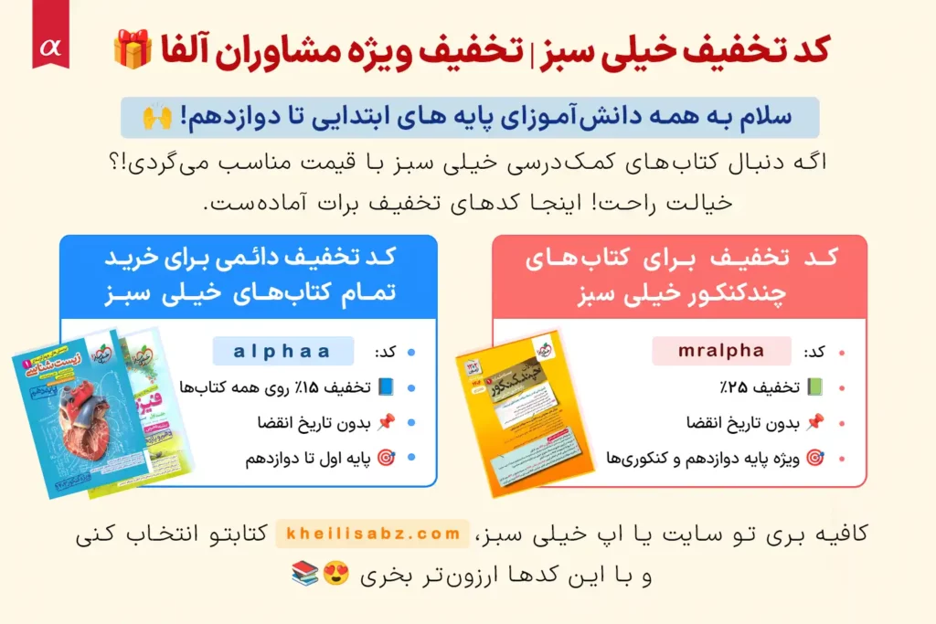 کد تخفیف خیلی سبز مشاوران آلفا 1 کد تخفیف خیلی سبز مشاوران آلفا